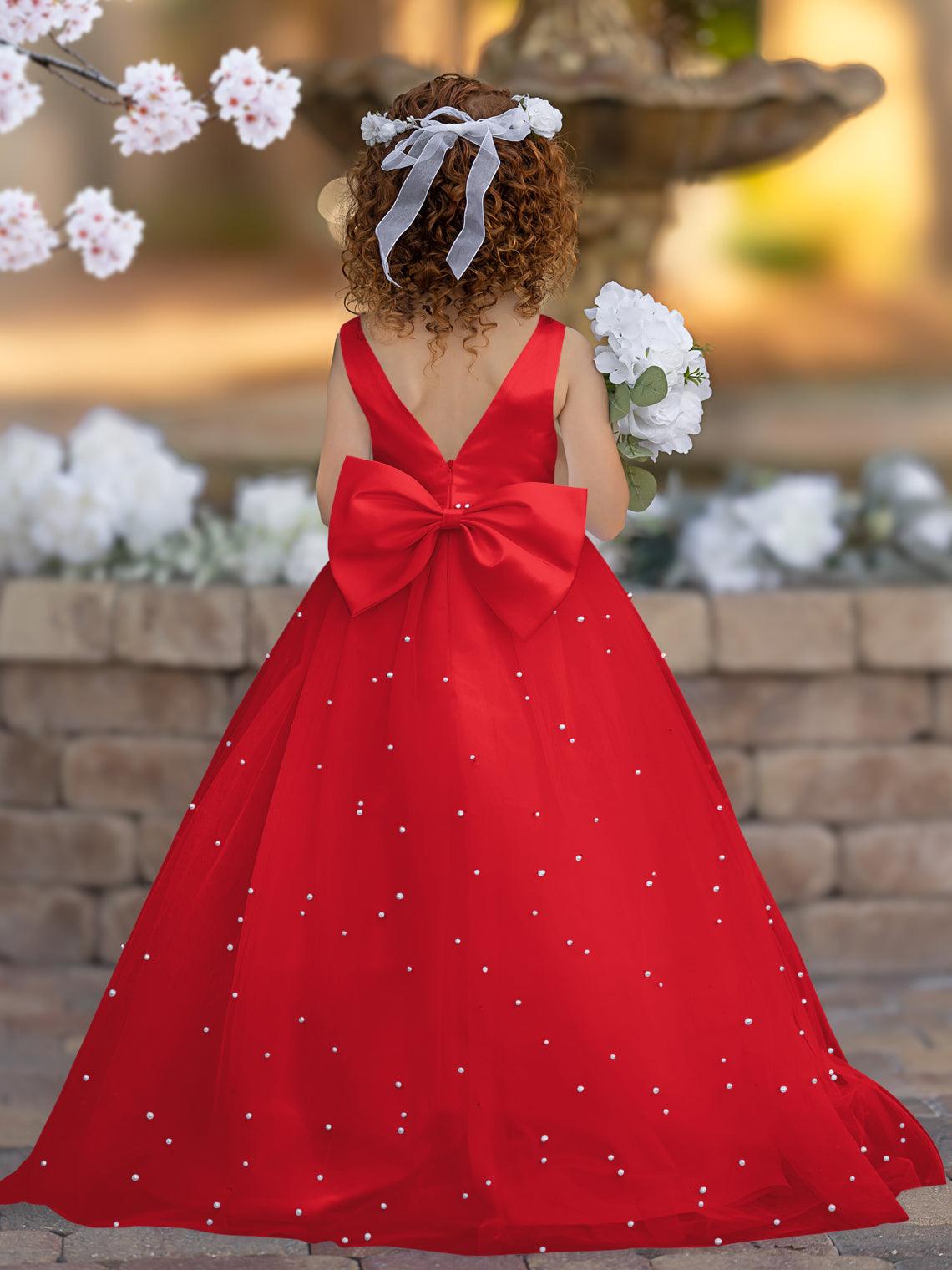 Floor Length V Neck Satin Tulle Princess Flower Girl Dress