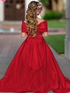 Ivory Satin Flower Girl Princess Ball Gown With Sweep Train And Bow Trim