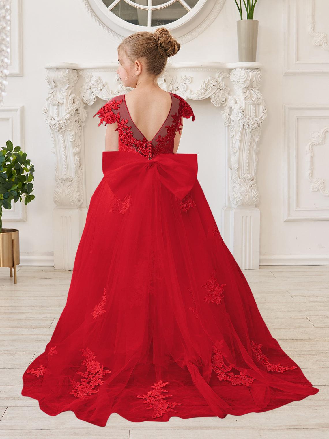 Ivory Lace Tulle First Communion Flower Girl Dress With Detachable Train