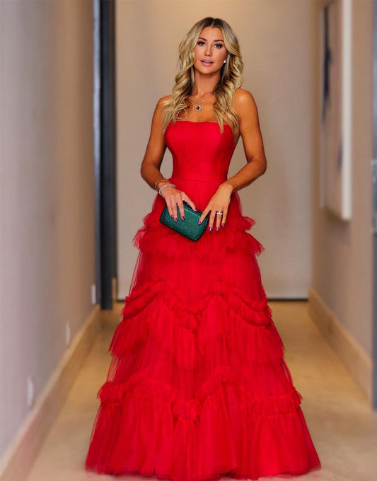 A-Line Strapless Ruffled Tulle Prom Dress