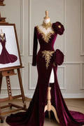 Regal Burgundy High Neck Mermaid Prom Dress with Appliques and Slit