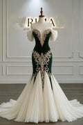 Regal Dark Green Off Shoulder Mermaid Prom Dress With Rhinestones And Ruffles