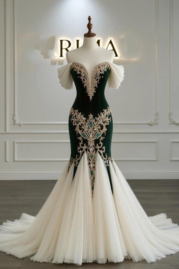 Regal Dark Green Off Shoulder Mermaid Prom Dress With Rhinestones And Ruffles