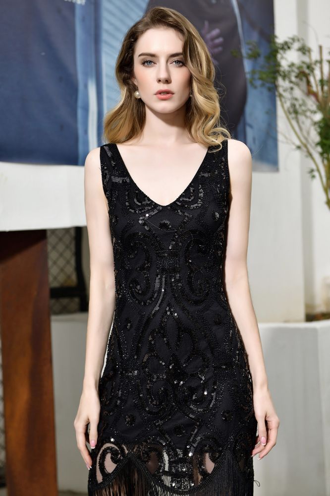 Vestido de fiesta retro ajustado con lentejuelas brillantes, cuello en V, sin mangas, estilo flapper, color negro