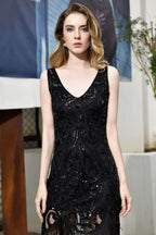 Vestido de fiesta retro ajustado con lentejuelas brillantes, cuello en V, sin mangas, estilo flapper, color negro