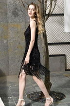 Vestido de fiesta retro ajustado con lentejuelas brillantes, cuello en V, sin mangas, estilo flapper, color negro