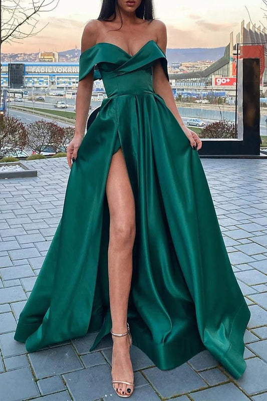 A-Line Prom Dresses Celebrity Style Dress Christmas Floor Length Short Sleeve V Neck Satin with Slit