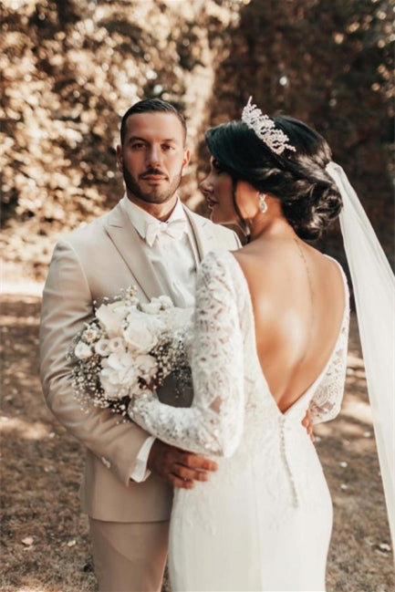 Vestidos de Noiva Românticos com Costas Descobertas, Mangas Compridas e Corte Sereia