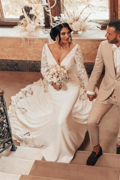 Romantic Backless Long Sleeves Mermaid Wedding Dresses
