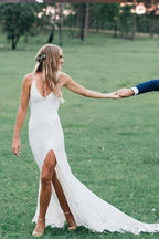 Vestidos de Noiva Elegantes Sereia Bonitos em Renda, Decote Profundo em U, Sem Costas, Estilo Boémio Romântico