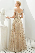Romantic Floral Short Sleeves aline Spring Evening Party Dress Floor Length Dancing Dress