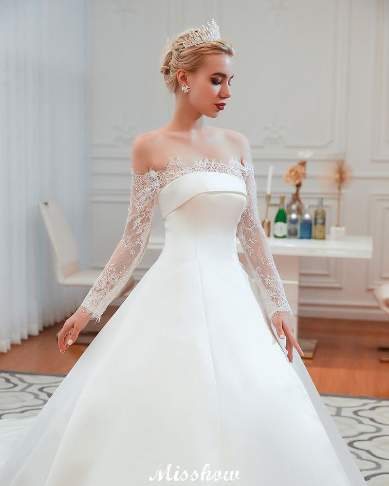 Romantisches Prinzessinnen-Brautkleid aus Satin mit Spitze | A-Linien-Brautkleid mit Kathedralenschleppe