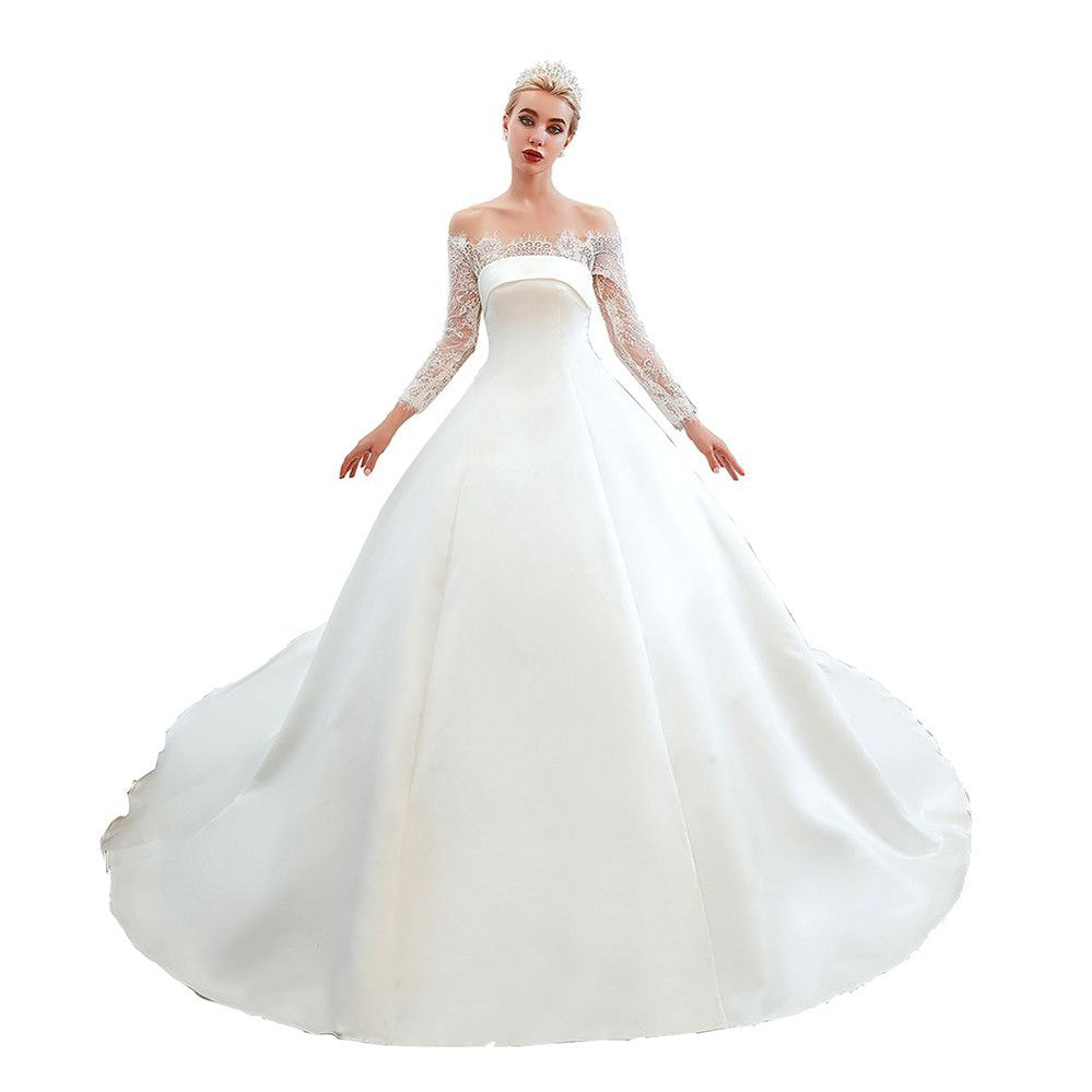 Romantisches Prinzessinnen-Brautkleid aus Satin mit Spitze | A-Linien-Brautkleid mit Kathedralenschleppe