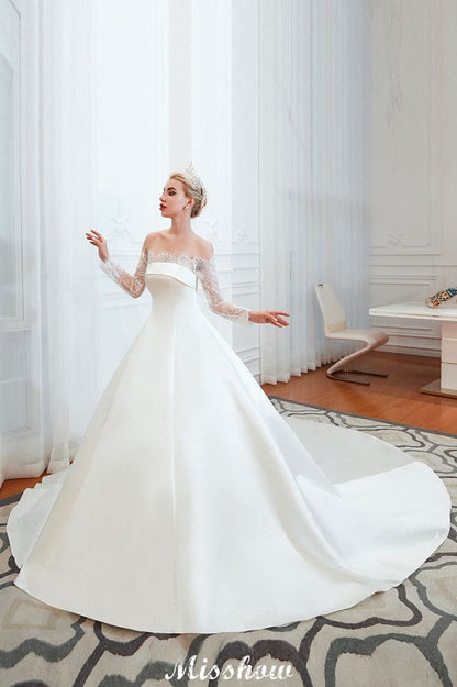 Romantic Lace Princess Satin Wedding Dress| Aline Bridal Gown with Cathedral Train