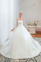 Romantisches Prinzessinnen-Brautkleid aus Satin mit Spitze | A-Linien-Brautkleid mit Kathedralenschleppe