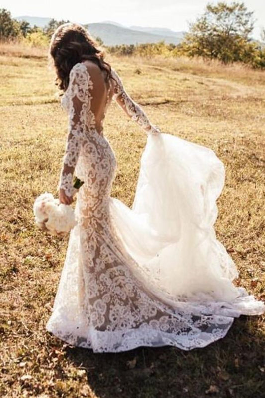 Vestidos de novia románticos de sirena con apliques largos y espalda descubierta de encaje color marfil