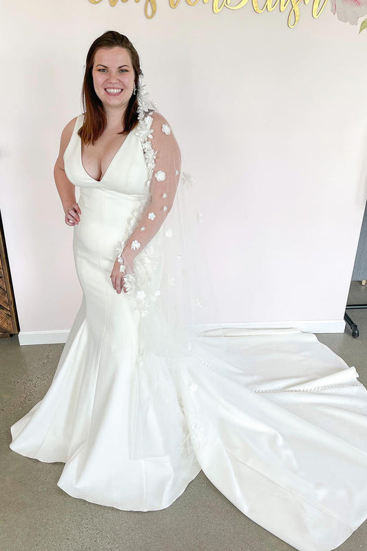 Romantic Long Mermaid V-neck Wide Straps Open Back Wedding Dress