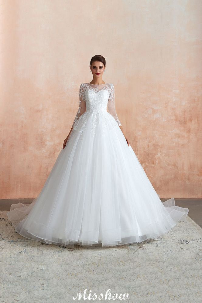 Romantisches Ballkleid mit langen Ärmeln, Spitze, Tüll, vollständig bedeckte Knöpfe, A-Linie, Brautkleid mit Hofschleppe