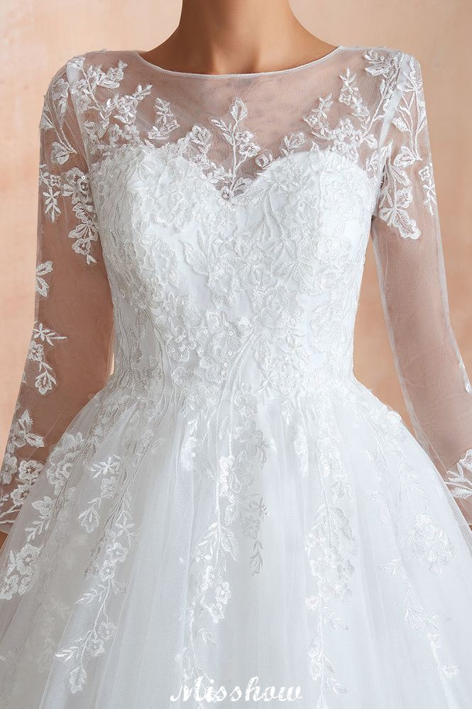 Romantisches Ballkleid mit langen Ärmeln, Spitze, Tüll, vollständig bedeckte Knöpfe, A-Linie, Brautkleid mit Hofschleppe