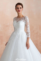 Romantisches Ballkleid mit langen Ärmeln, Spitze, Tüll, vollständig bedeckte Knöpfe, A-Linie, Brautkleid mit Hofschleppe