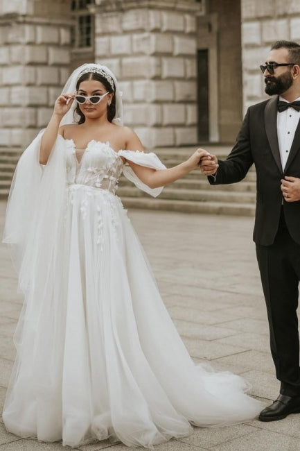 Robe de mariée romantique en tulle, ligne A, manches courtes tombantes sur les épaules