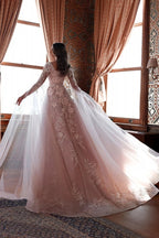 Romantic Pink Square Neck Long Sleeve Prom Dress With Appliques And Court Train
