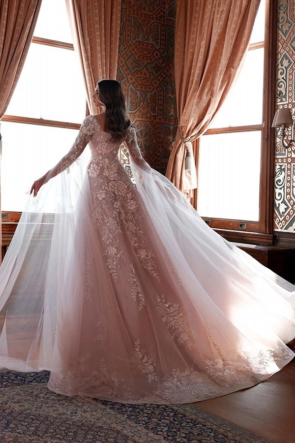 Romantic Pink Square Neck Long Sleeve Prom Dress With Appliques And Court Train