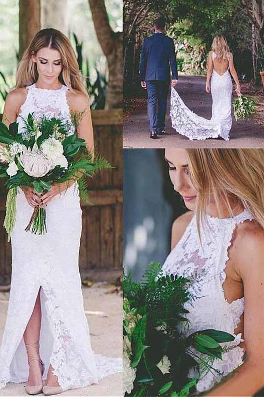 Vestidos de novia románticos, sexys, con abertura frontal, espalda abierta, sin mangas, de encaje y cola