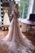 Romantisches ärmelloses Aline-Brautkleid mit 3D-Blumenspitze und Tüll 