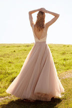Romantische V-Ausschnitt Blush Pink Spitze Brautkleider Abnehmbarer Rock Brautkleider