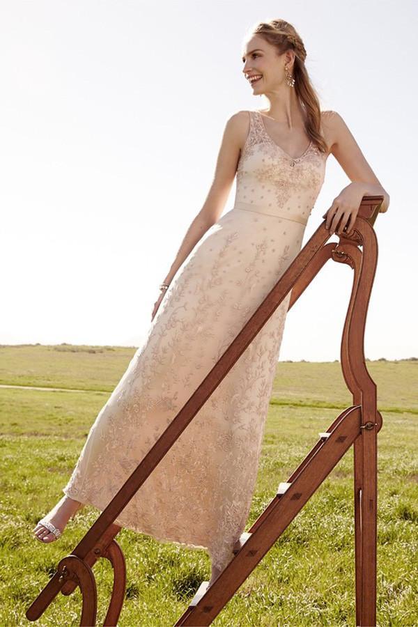 Romantische V-Ausschnitt Blush Pink Spitze Brautkleider Abnehmbarer Rock Brautkleider