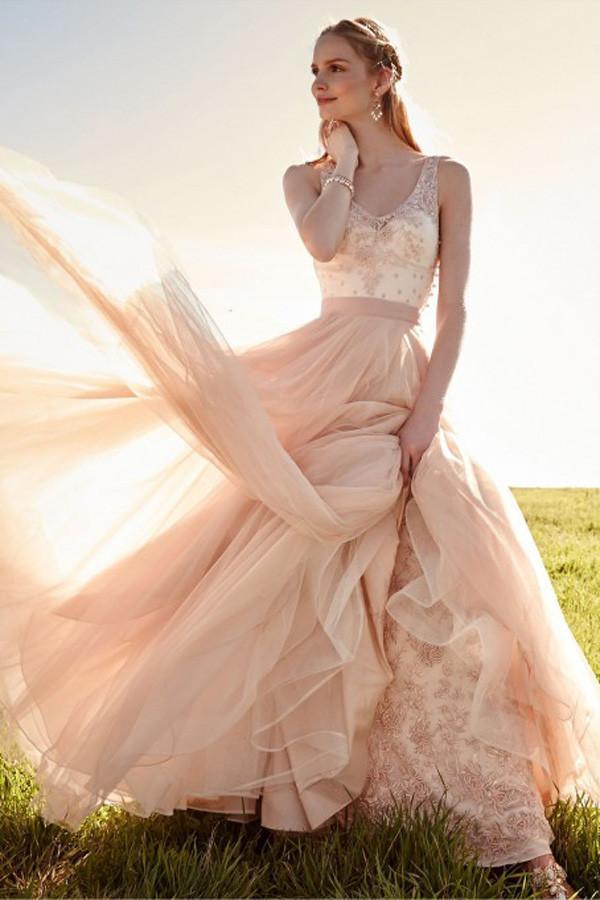 Romantische V-Ausschnitt Blush Pink Spitze Brautkleider Abnehmbarer Rock Brautkleider