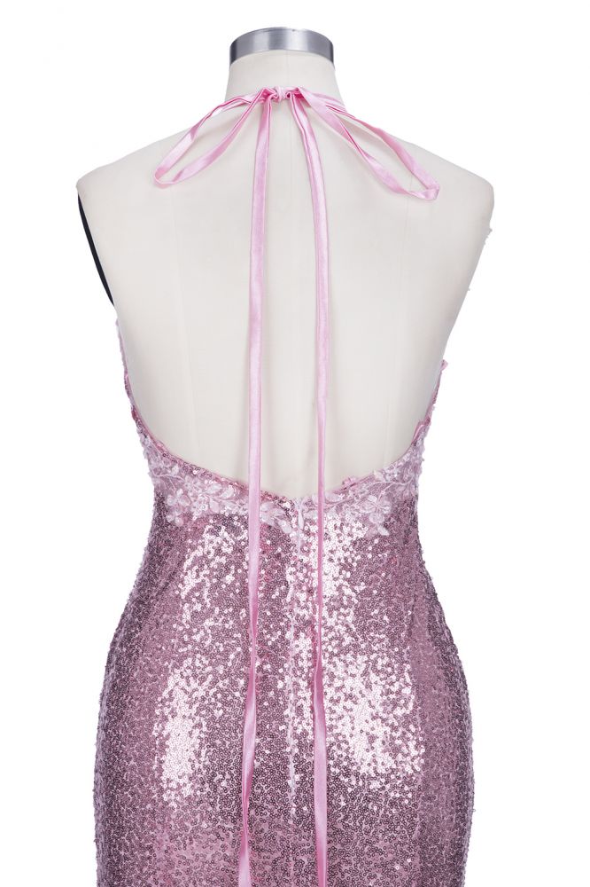 Vestido de fiesta largo de sirena con lentejuelas rosadas y tirantes finos con escote en V