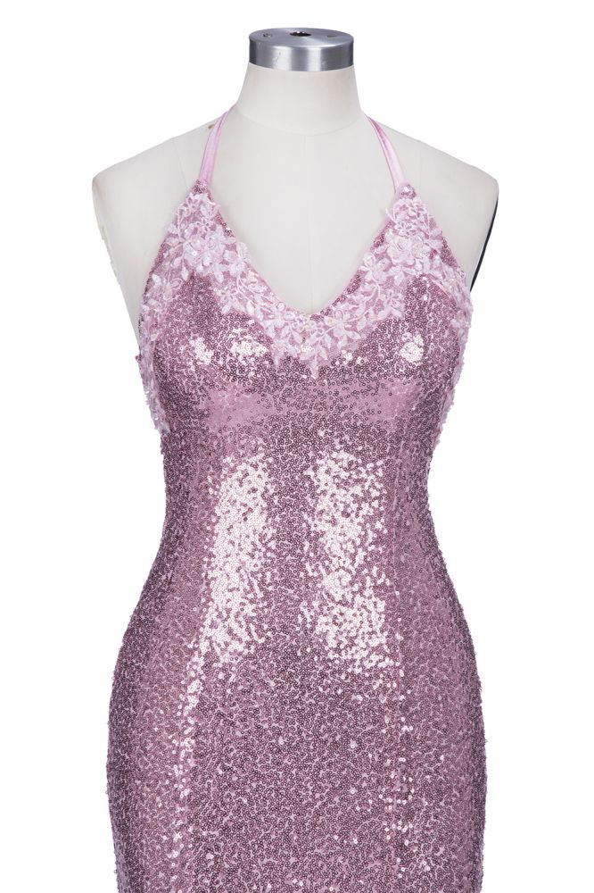 Vestido de fiesta largo de sirena con lentejuelas rosadas y tirantes finos con escote en V