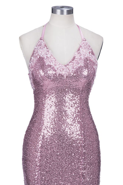 Vestido de fiesta largo de sirena con lentejuelas rosadas y tirantes finos con escote en V