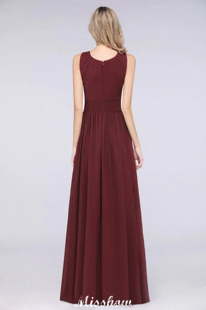 Round-Neck Floor-Length Ruffles Chiffon Bridesmaid Dress Aline Sleeveless Maid of Honor Dress