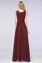 Round-Neck Floor-Length Ruffles Chiffon Bridesmaid Dress Aline Sleeveless Maid of Honor Dress