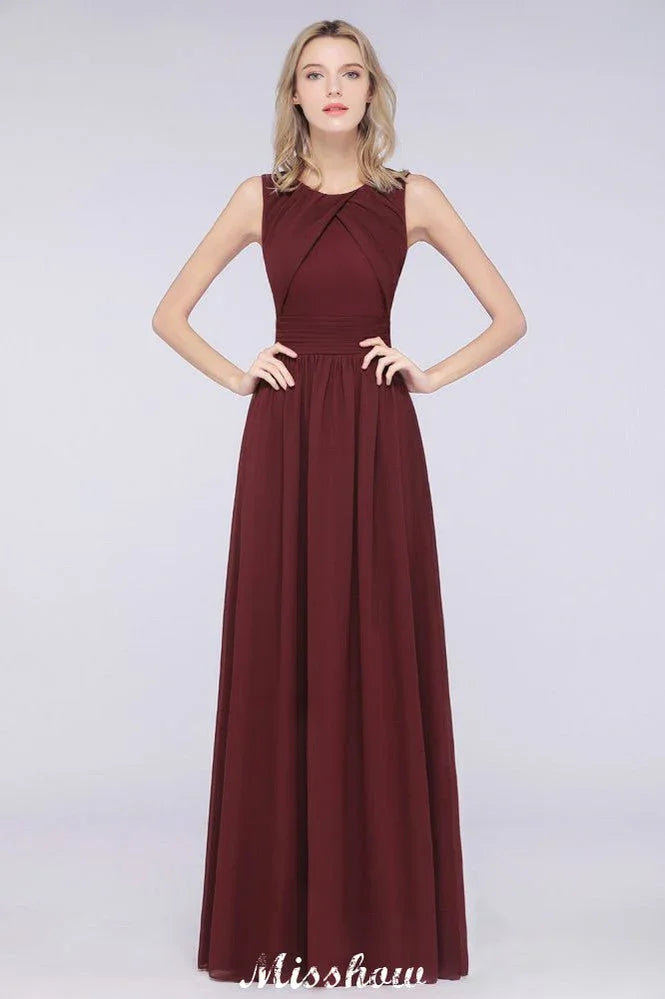 Round-Neck Floor-Length Ruffles Chiffon Bridesmaid Dress Aline Sleeveless Maid of Honor Dress