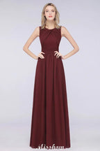 Round-Neck Floor-Length Ruffles Chiffon Bridesmaid Dress Aline Sleeveless Maid of Honor Dress
