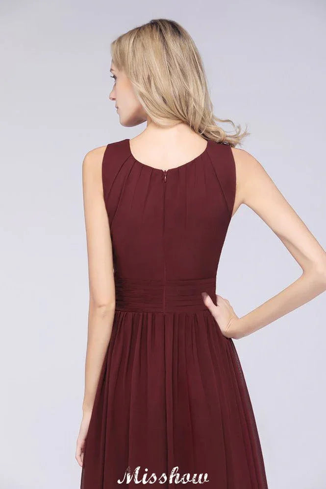 Round-Neck Floor-Length Ruffles Chiffon Bridesmaid Dress Aline Sleeveless Maid of Honor Dress