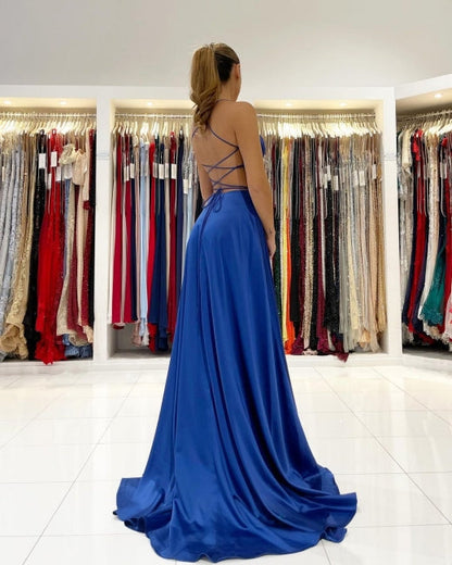 Royal Blue A-line Backless Long Prom Dresses