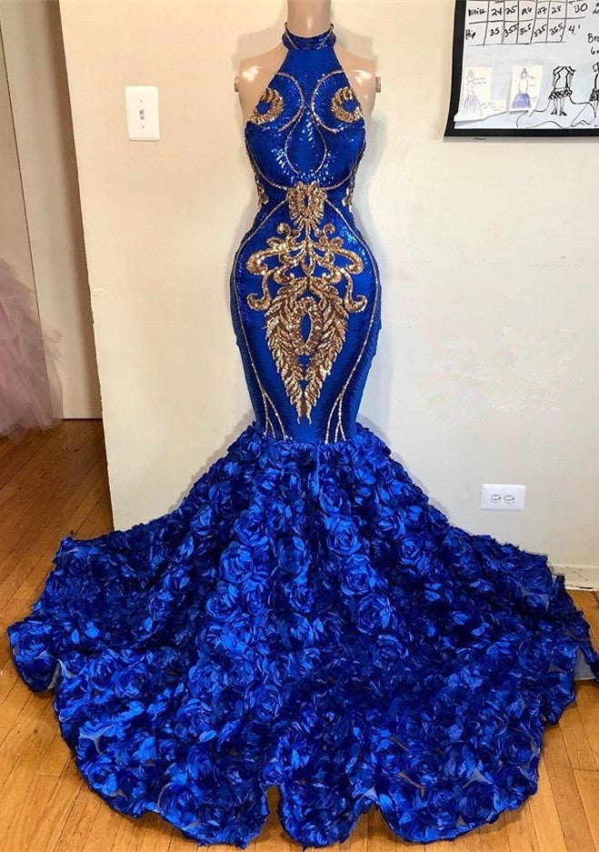 Royal Blue Halter Mermaid Prom Dresses Gorgeous Long Evening Gowns