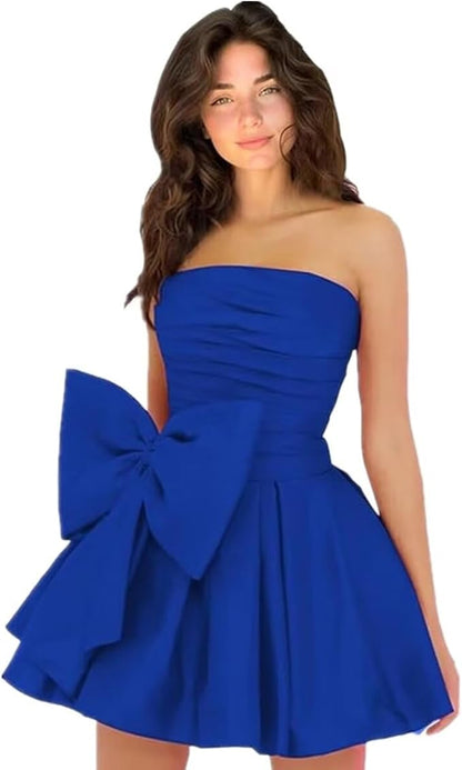 Vestidos de fiesta cortos y elegantes de corte A, sin mangas, sin tirantes, fruncidos, con cordones y lazo