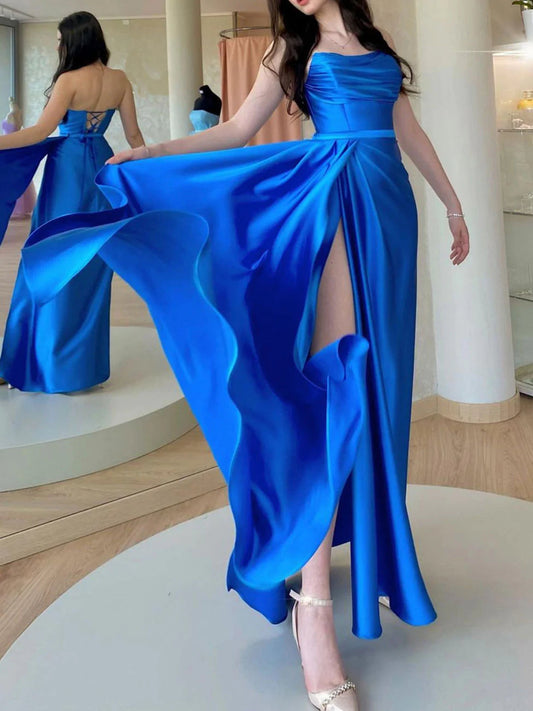 Royal Blue Long A-line Strapless Open Back Satin Formal Graduation Prom Dresses with Slit