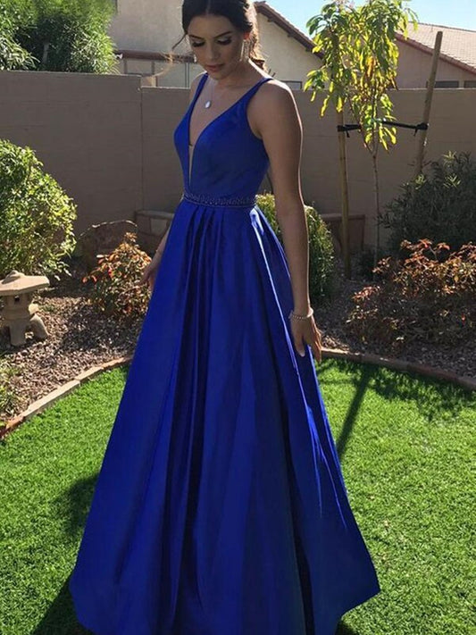 Royal Blue Long A Line V Neck Satin Formal Graduation Prom Dresses
