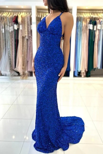 Vestido de fiesta formal azul real largo con escote en V, tirantes finos, espalda descubierta y lentejuelas