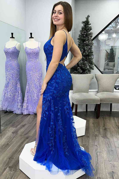 Mermaid Deep V Neck Tulle Applique Long Prom Dress