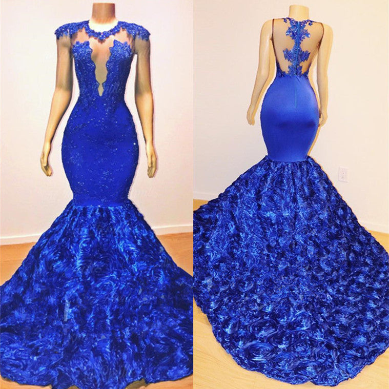 Royal Blue Mermaid Sexy Flowers Sleeveless Sheer Evening Dress