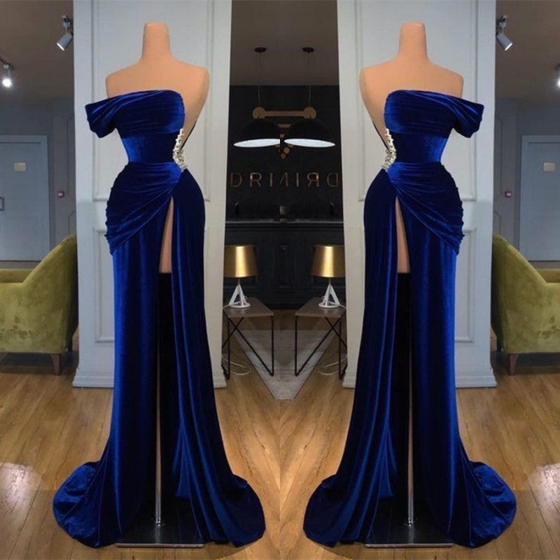 Royal Blue Off-the-shoulder Long Prom Evening Dress with Split