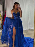Royal Blue Strapless A-Line Prom Dress With Jeweled Bodice